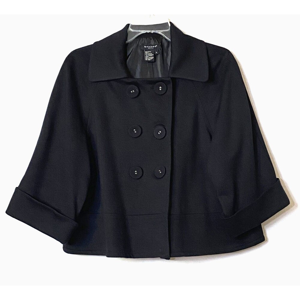 Sandro Sportswear Double Breasted Blazer Womens Size L Black 3/4 Cuffed Sleeves - Picture 1 of 16